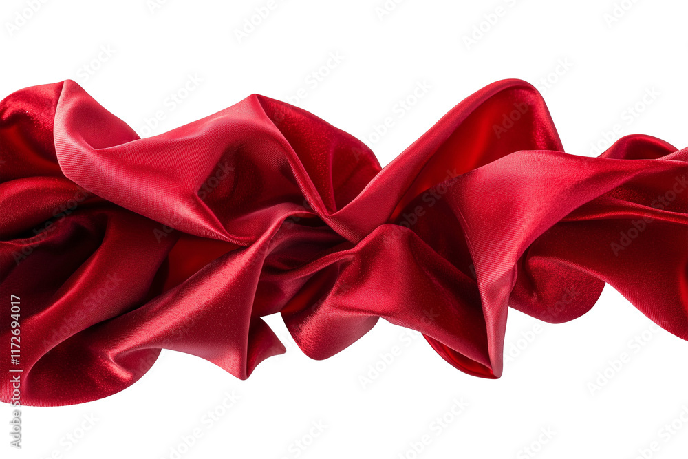 Poster vibrant red satin fabric elegantly twisted and folded, creating dynamic and luxurious texture. glossy material reflects light, emphasizing its smooth and silky surface