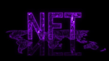 3d NFT text technology earth map glow purple