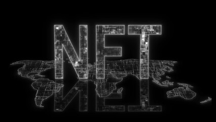 3d NFT text technology earth map glow white