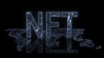 3d NFT text technology earth map glow