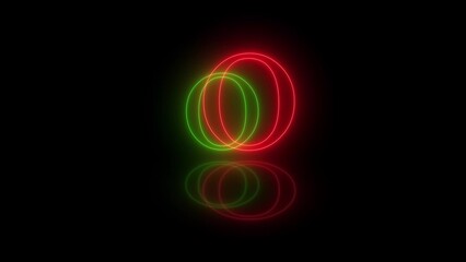 3d O letter neon red green flicker and flashes in black background