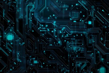 Abstract close-up of a glowing blue digital circuit board, showcasing intricate connections and technological design on a black background.
