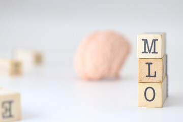 Machine Learning and Optimization acronym. MLO abbreviation written on wooden cubes isolated with a brain on white background with copy space.