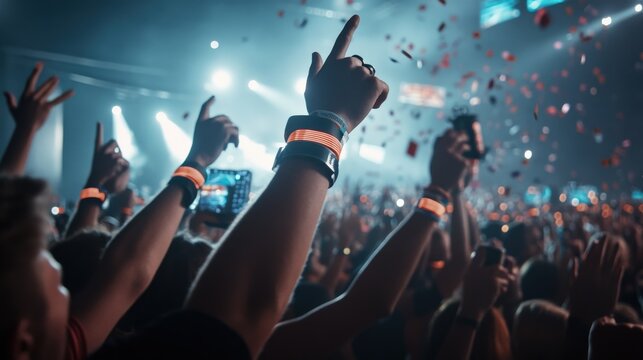 A dynamic EDM concert with glowing bracelets on the crowd and confetti in the air - Powered by Adobe
