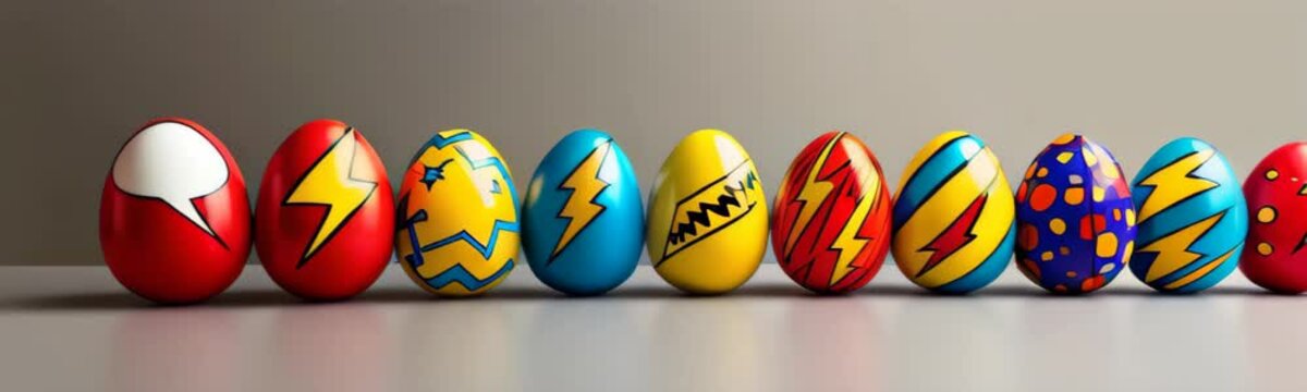 Vibrant Easter eggs in a comic book style with speech bubbles, lightning bolts, and polka dots. Website banner