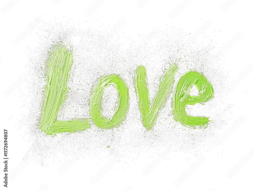 Aufkleber green love text with rough textured brushstrokes on transparency background, surrounded by scattered