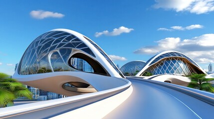 Futuristic architecture featuring sleek, modern structures and pathways.