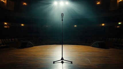 A dramatic photograph of a lone mic stand on an empty stage awaiting the performer