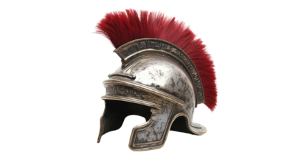 Ancient Roman warrior helmet with red plume, isolated on transparent background