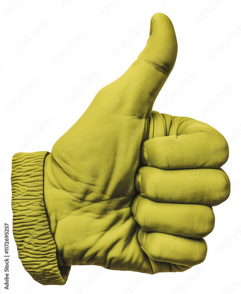 Poster soft green thumbs up symbol with velvet texture, isolated on transparency background, conveys positi