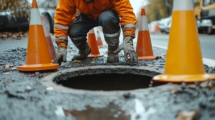 Road Worker Repairing a Pothole on a City Street