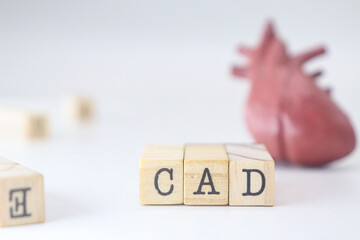 Coronary Artery Disease abbreviaiton. CAD word written on wooden cubes isolated with heart on white...