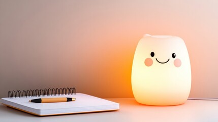 A cute lamp illuminates a notebook and pen on a desk.
