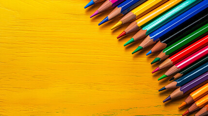 Obraz premium A vibrant collection of colored pencils arranged neatly on a bright yellow background, showcasing an array of colors for artistic creativity.