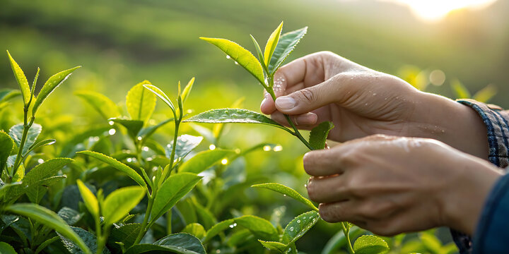 Harvesting fresh tea leaves by hand in lush green plantation.
