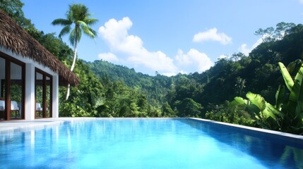 Serene poolside view overlooking lush tropical landscape.