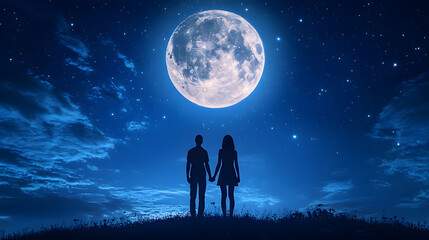 Fototapeta premium couple stands hand in hand under full moon, surrounded by stars, creating romantic atmosphere