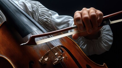 A close-up of a bow gliding over the strings of a cello with intense focus on the musician fingers