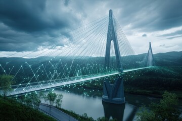 Fototapeta premium Modern suspension bridge with digital effects under cloudy sky at twilight