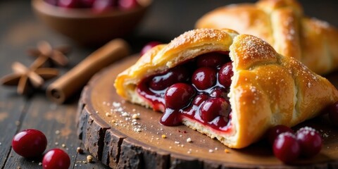 A delectable pastry filled with sweet cherries, baked to golden perfection and sprinkled with sugar crystals.