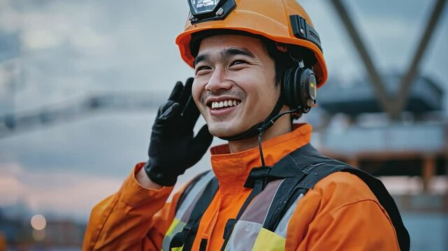 A happy emergency responder uses multi-language AI translators to improve communication during international relief efforts.
