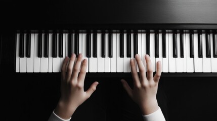 A child first piano lesson with hands carefully placed on the keys under gentle guidance