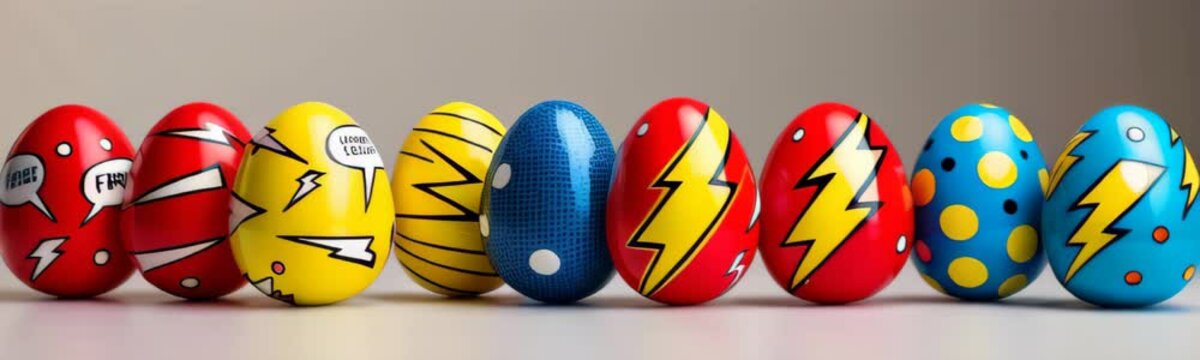 Vibrant Easter eggs in a comic book style with speech bubbles, lightning bolts, and polka dots. Website banner