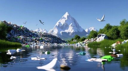 A polluted river surrounded by trash and a majestic mountain backdrop.