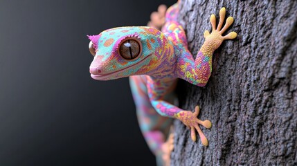 A colorful gecko climbing a textured surface.