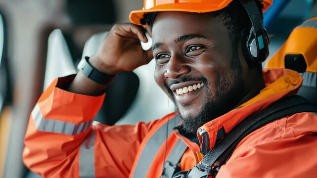 A happy emergency responder uses multi-language AI translators to improve communication during international relief efforts