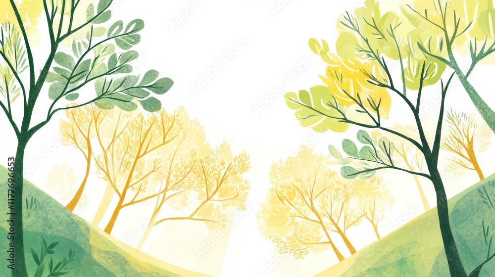 Poster playful doodle of whimsical trees and lush greenery in a colorful landscape. generative ai