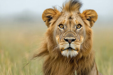 Fototapeta premium Young male lion with windswept mane in grassy savanna, blurred background