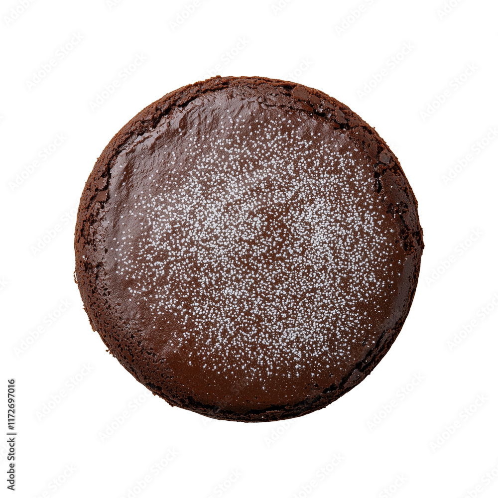 Aufkleber top view of chocolate cake on white plate, isolated on transparency background, with powdered sugar 