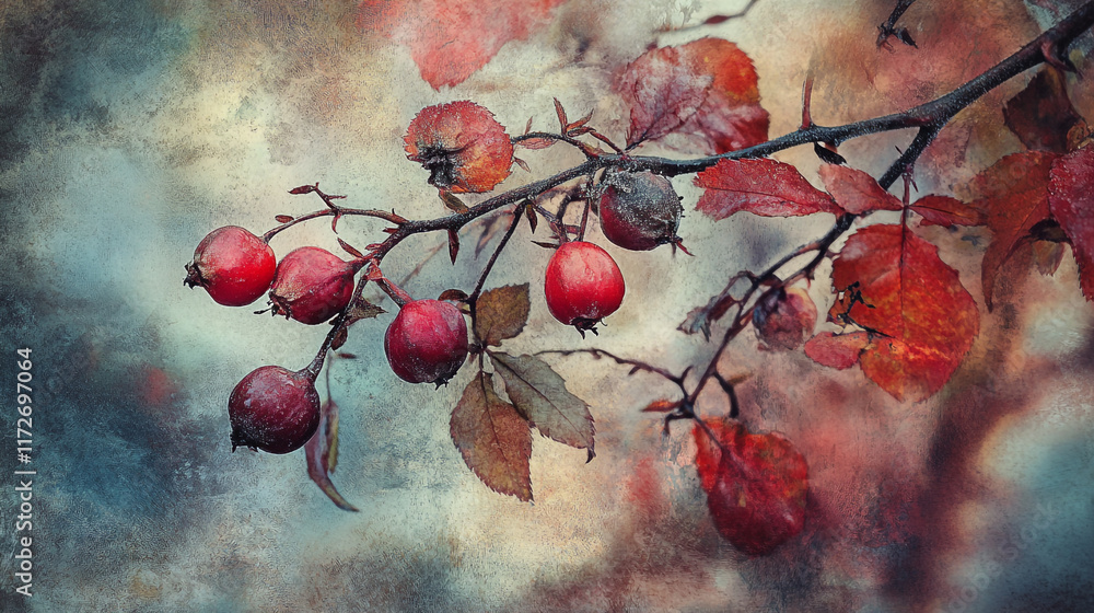 Poster red berries on a branch with autumn leaves and a blurred background in a forest
