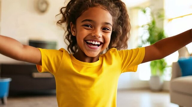 A happy girl participates in gamified AR activities to set and achieve fitness goals while learning about wellness.