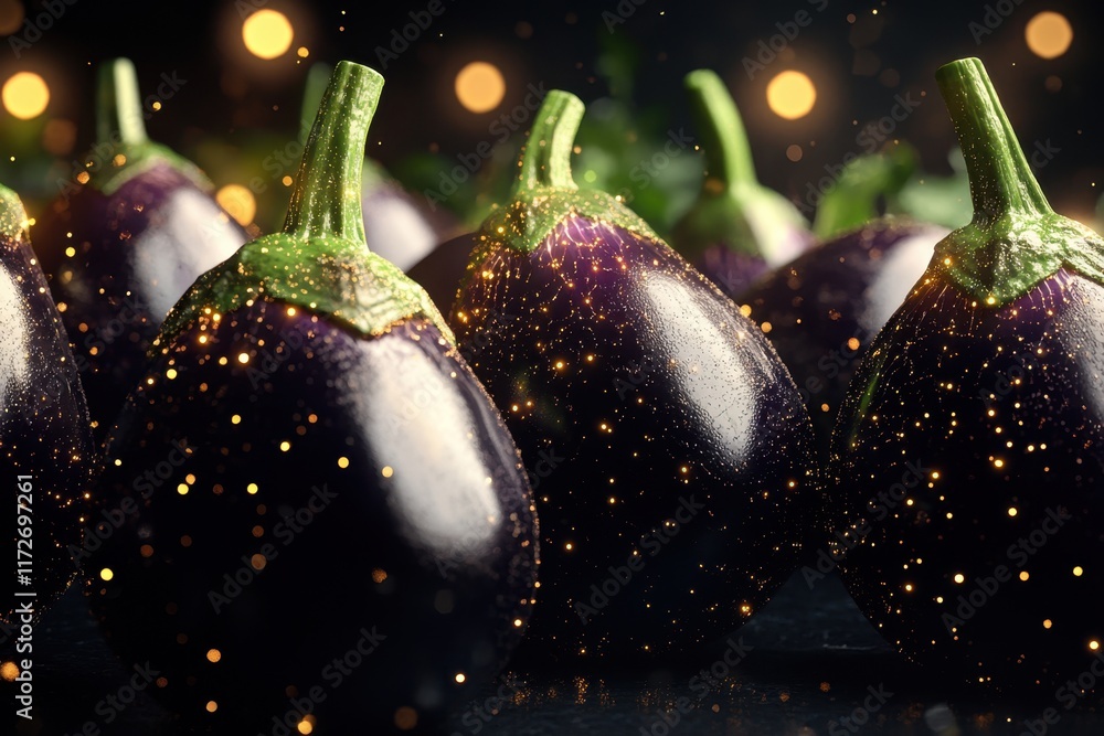 Poster fresh eggplants arranged artistically on a dark surface with soft lighting in the background