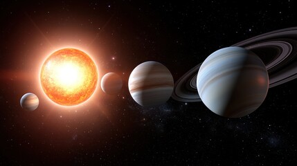 A digital representation of a solar system with planets and a sun.