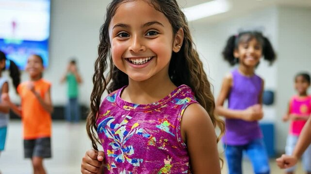 A happy girl participates in gamified AR activities to set and achieve fitness goals while learning about wellness.