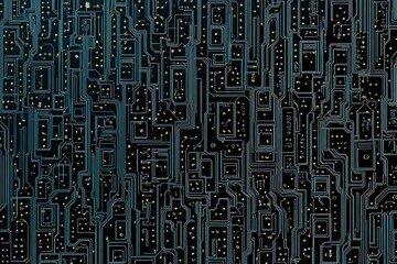 Abstract close-up of a glowing blue digital circuit board, showcasing intricate connections and technological design on a black background.
