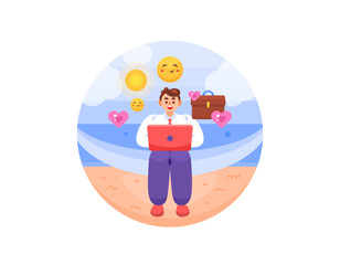 concept of relaxing and vacationing. work anywhere. happy because you can work while traveling. illustration of an employee working while vacationing on the beach. flat style design. elements