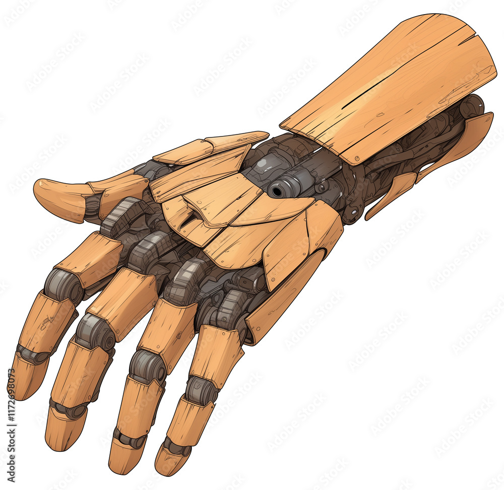 Poster wooden robotic hand with intricate mechanical details, blending natural wood texture with modern tec