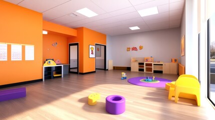 Bright and inviting children's playroom with toys and furniture.
