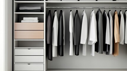 Organized closet with hanging clothes and drawer storage.