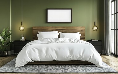 Modern bedroom interior design, green wall, wood bed, white bedding, mockup frame.
