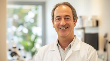Smiling Doctor in White Coat at Clinic Reception
