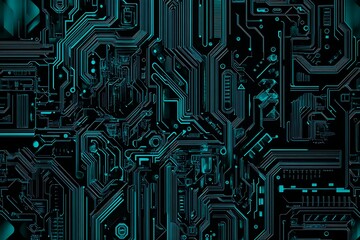 Abstract close-up of a glowing blue digital circuit board, showcasing intricate connections and technological design on a black background.
