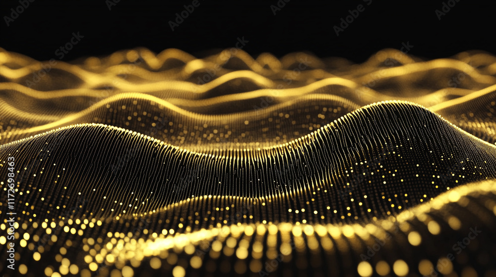 Poster abstract golden wave pattern creating a shimmering visual effect in dark background