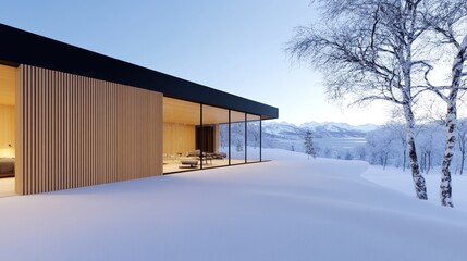 Modern wooden house in a snowy landscape with mountains in the background.