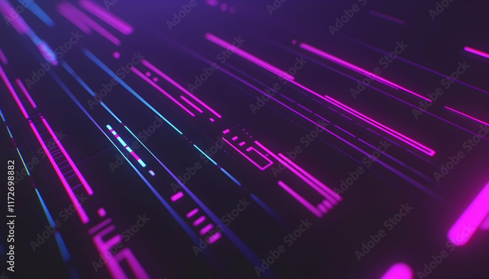 Poster abstract digital background with vibrant pink and blue neon lines streaking across a dark surface, c