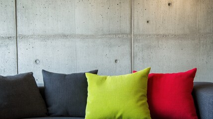 Three colorful pillows on a gray sofa against a concrete wall.